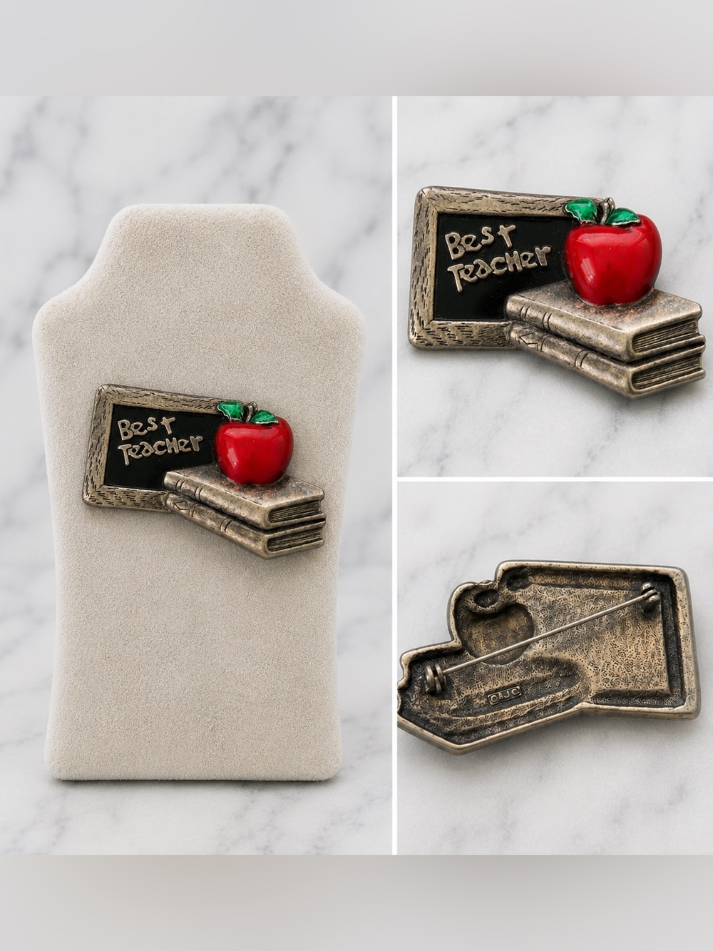 Vintage AJC Best Teacher Brooch Pin|Red Apple School Books Signed